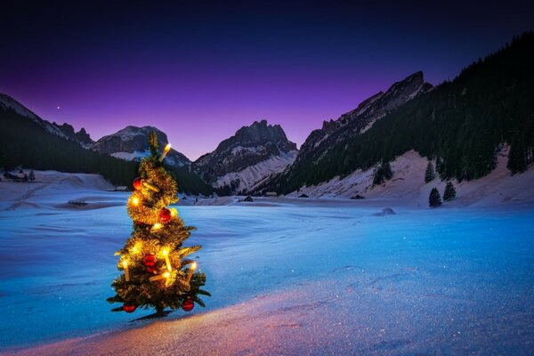 Árbol de Navidad con guirnalda en la nieve en las montañas