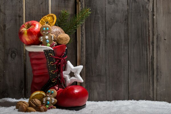 Christmas shoe with apple and cookies