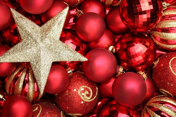 Christmas balls and a star on the Christmas tree