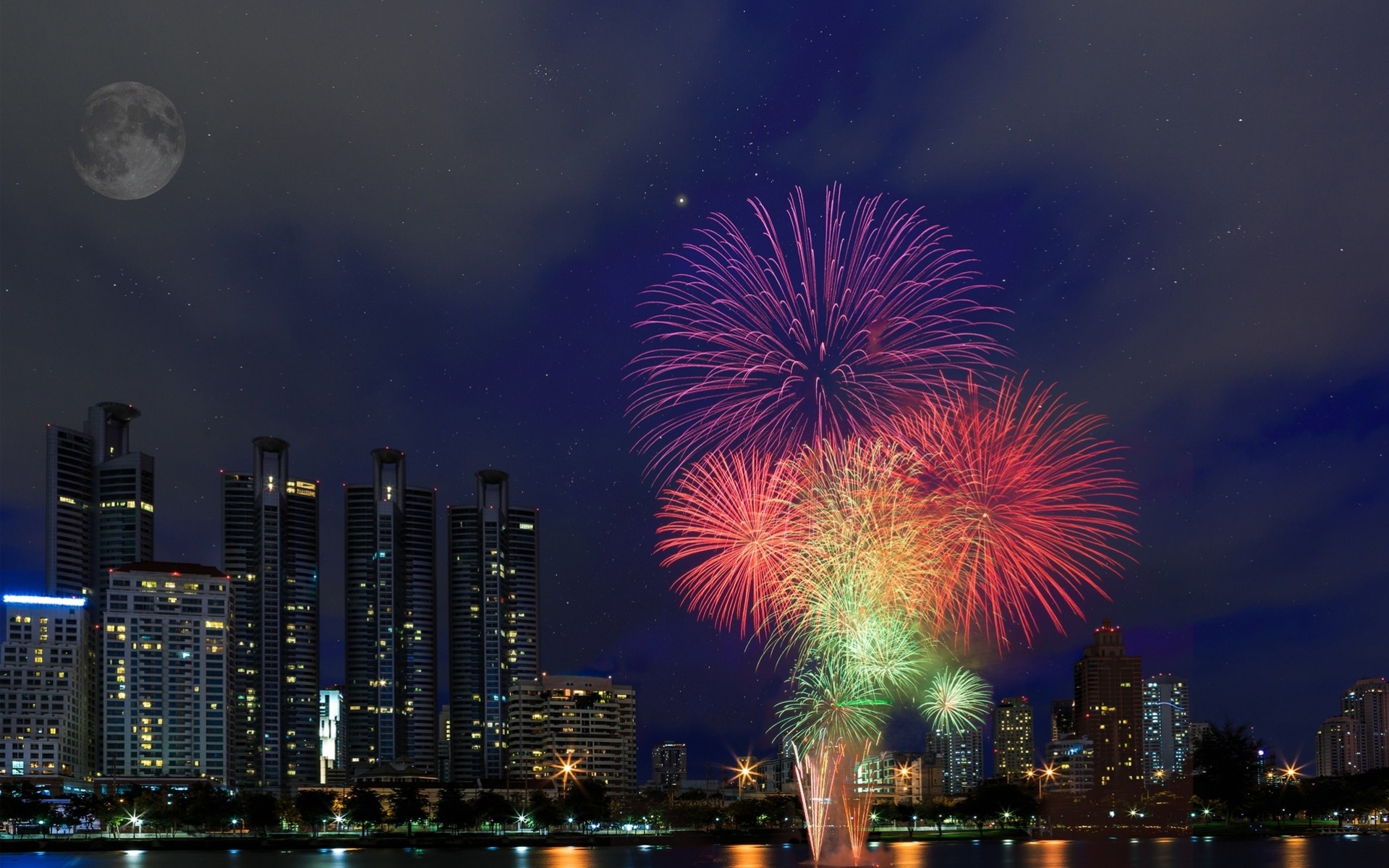 lights night river fireworks holiday town moon