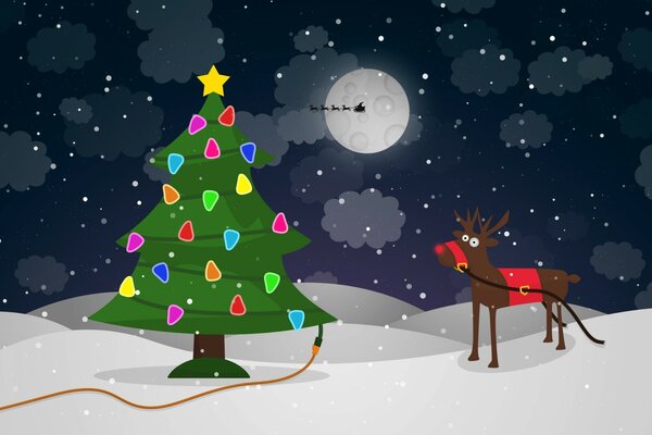Dibujo de un árbol de Navidad vestido y un ciervo