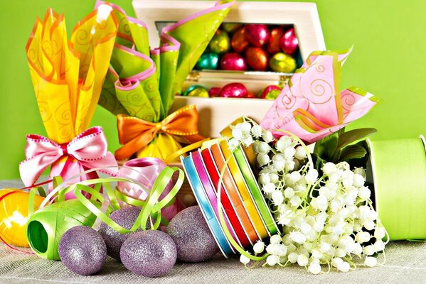 Pictures with eggs and lilies of the valley for Easter