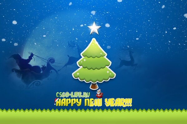 Christmas tree with a star and a wish for a happy New year on the background of Santa Claus in a reindeer cart