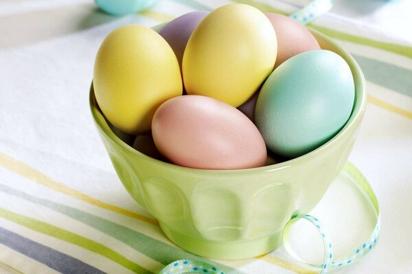 Huevos tiernos teñidos en una taza de ensalada sobre la mesa. Serpentina. Pascua. Colores pastel