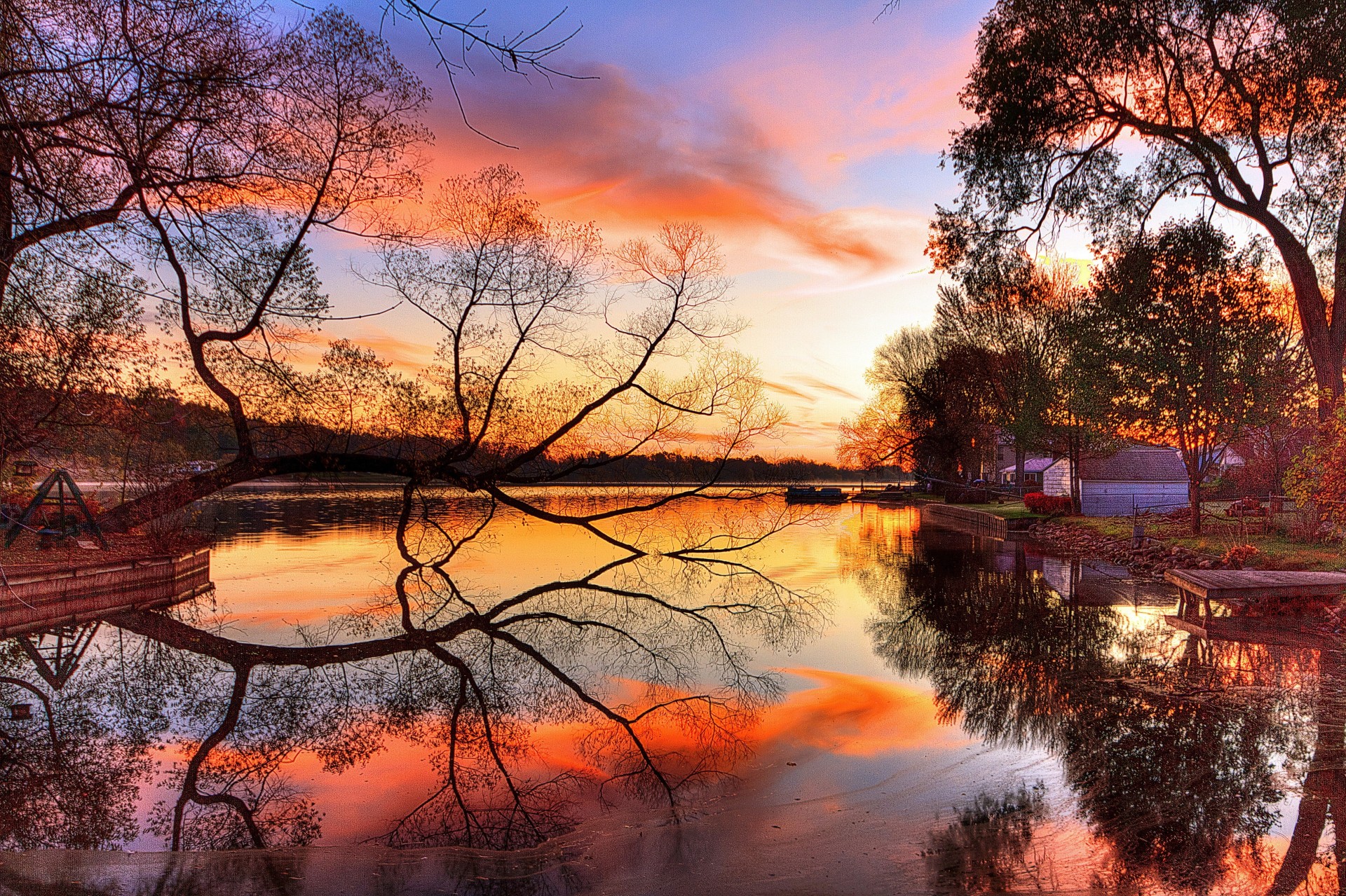 kunst landschaft sonnenuntergang reflexion see bäume ufer nacht