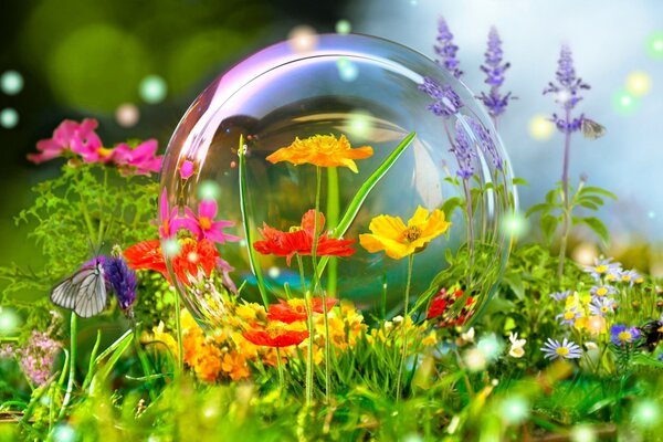 Burbuja de jabón en hierba y flores