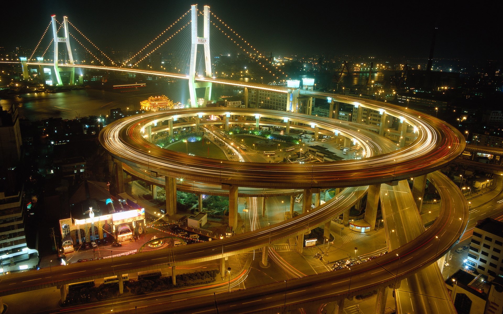 chine shanghai pont route ville nuit lumières