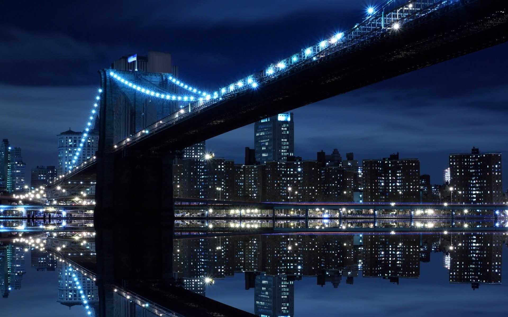 night lights bridge water reflection house