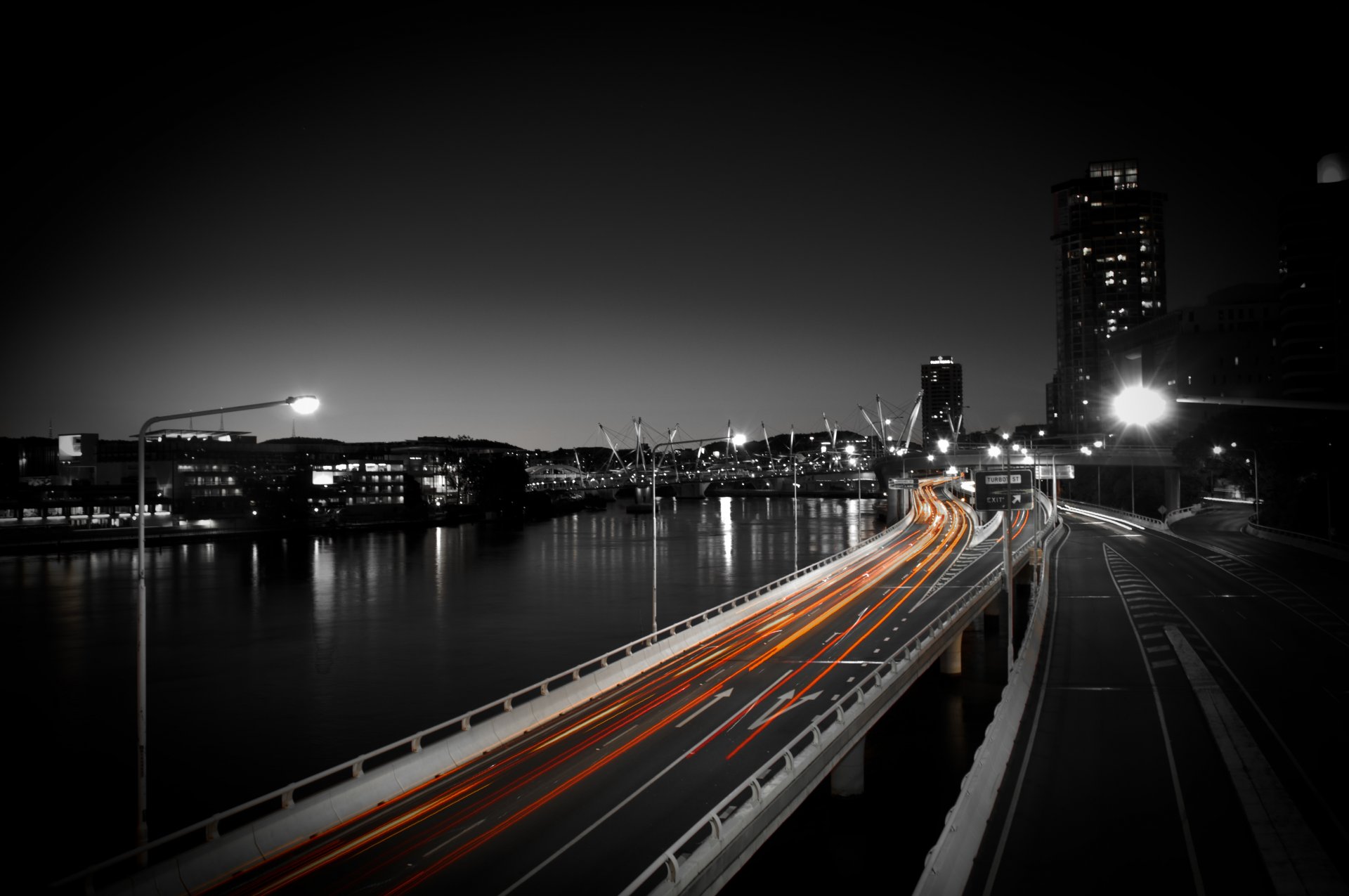 city night road lights lanterns buildings pond car traffic speed photos wallpaper