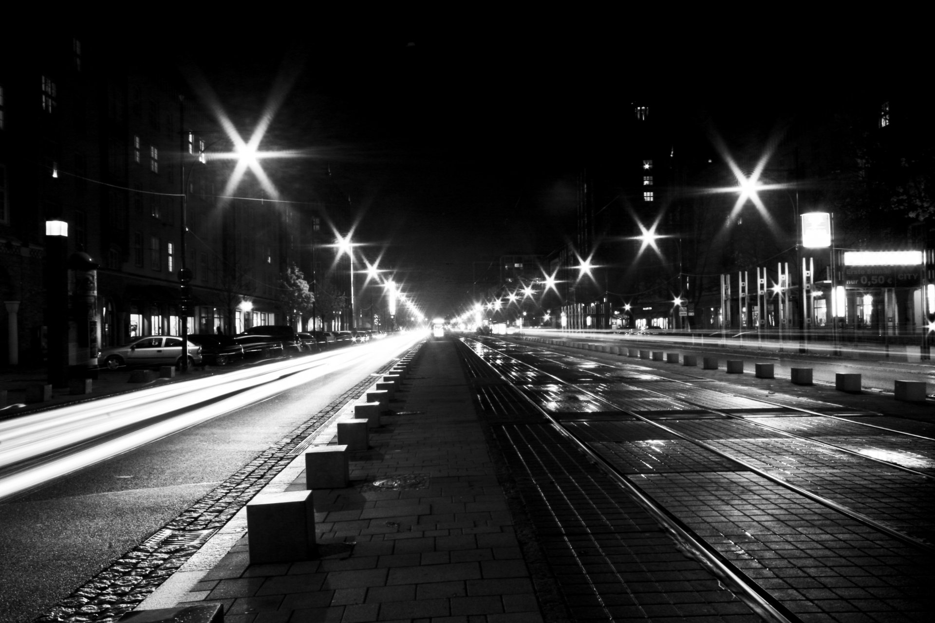 road street machinery lamps house lights window pavement black and white