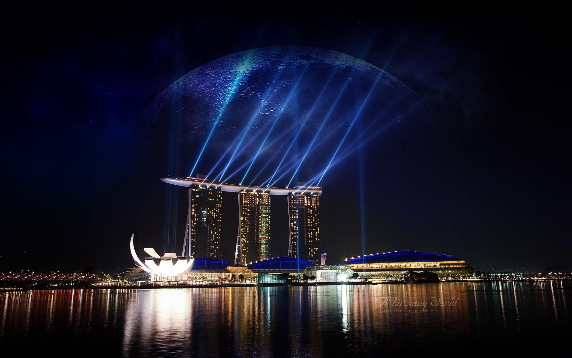 night lights water reflection house buildings floodlight rays light planet moon