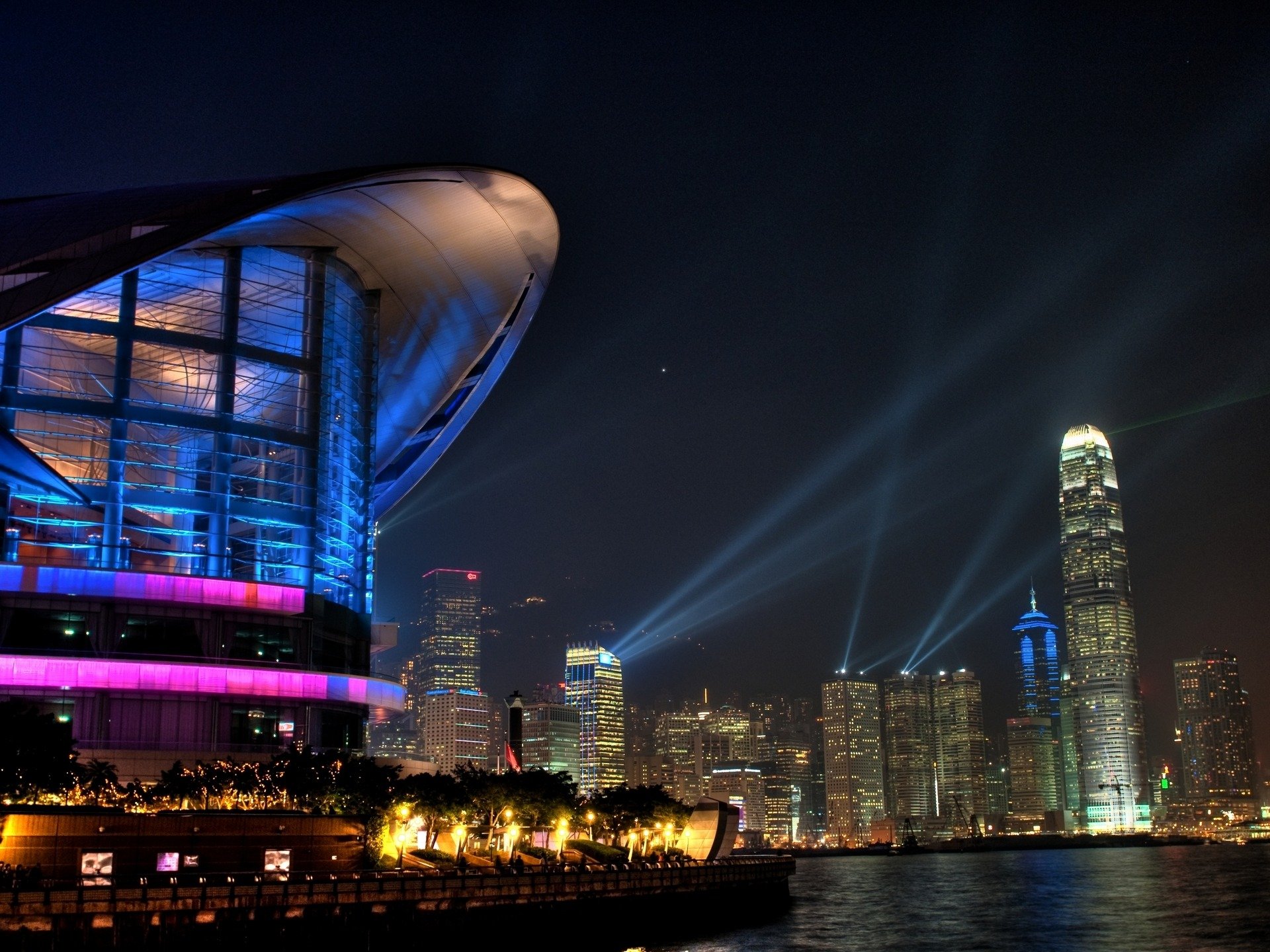 town skyscraper evening lights hong kong