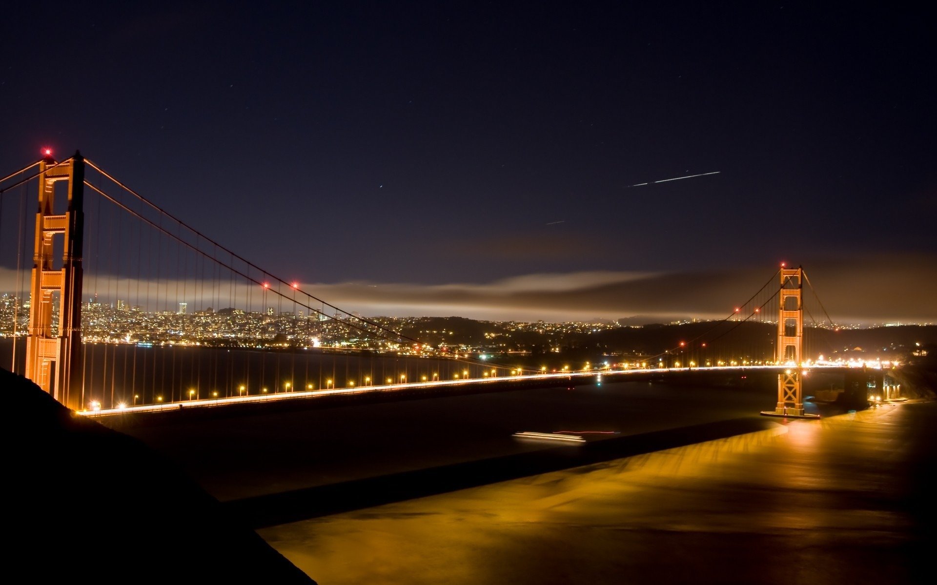 cities america night bridges lights views of the country water sea ocean house