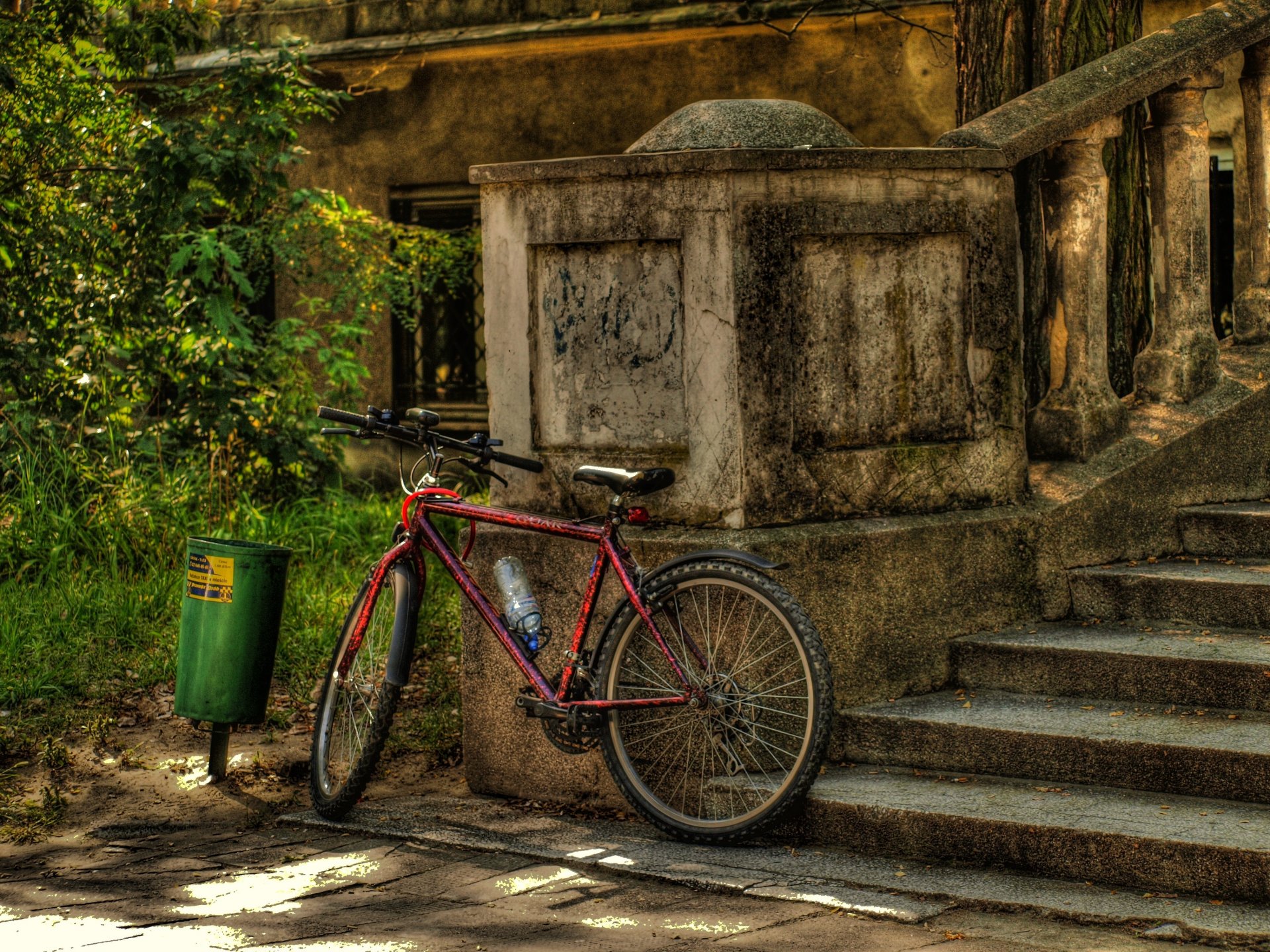 bicycle ladder red waiting for the owner