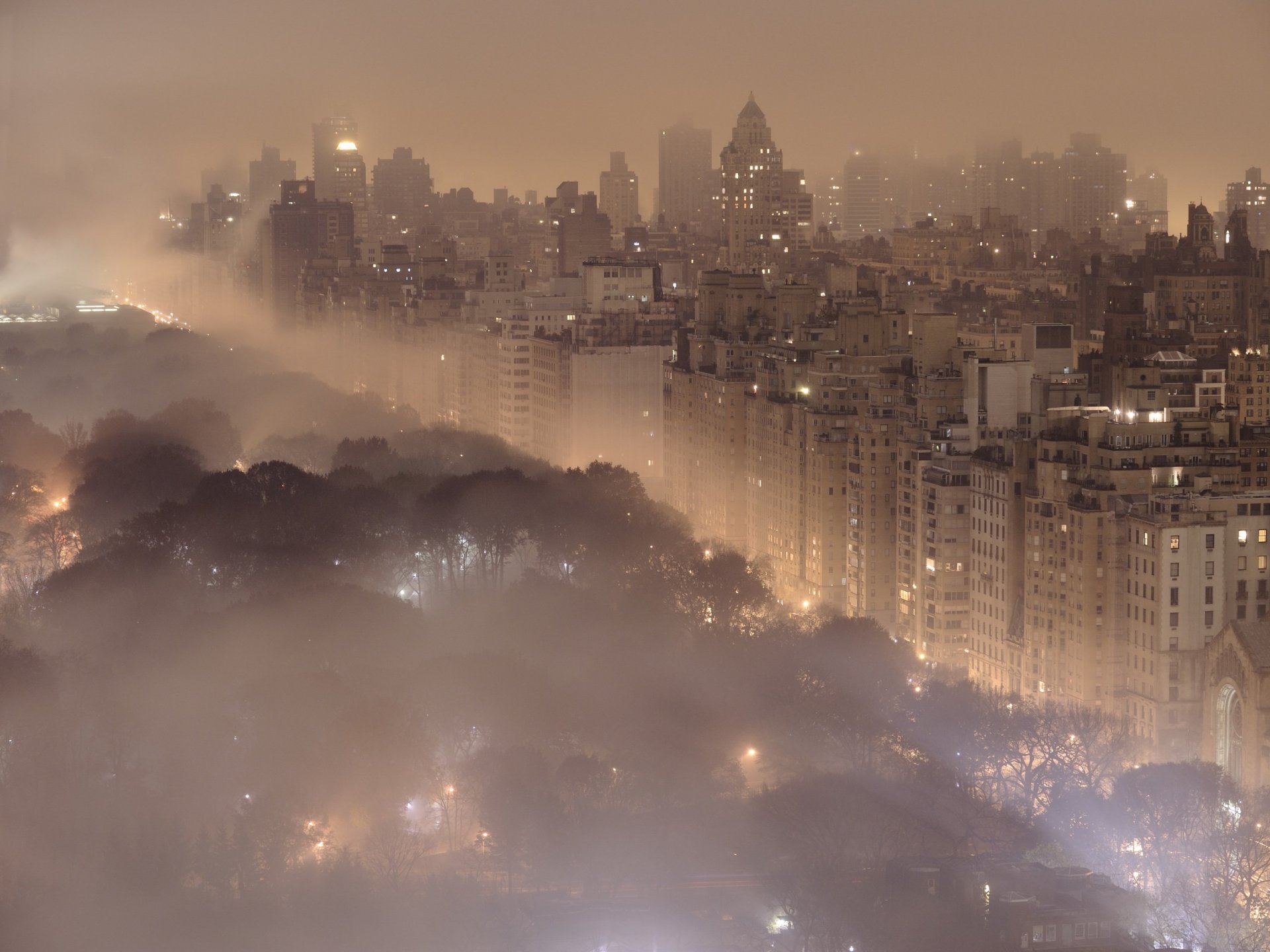 città paesaggio new york città notte luci nebbia central park edifici