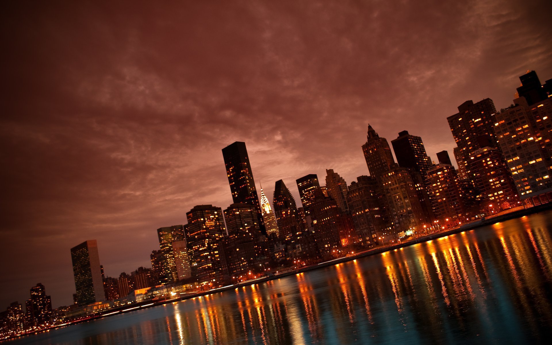 manhattan nueva york nueva york ciudad noche río luces rascacielos