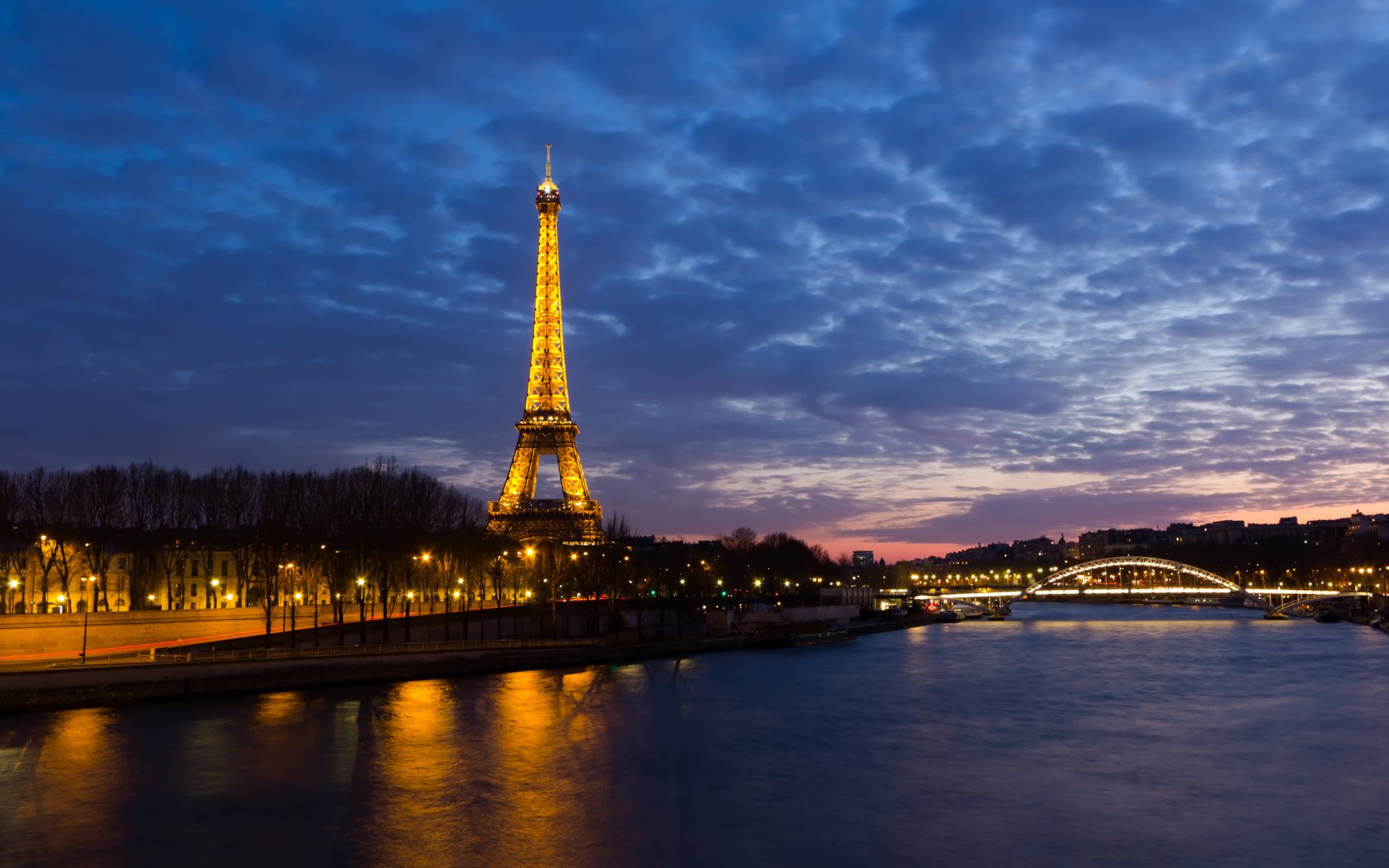 paris france night river lights eiffel tower