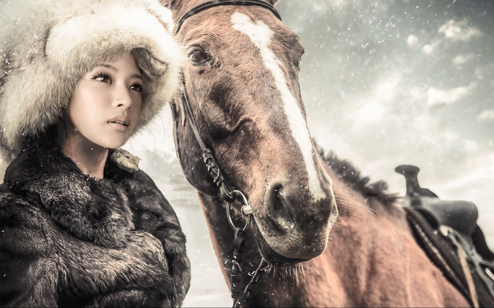 hat girl horse snow horse