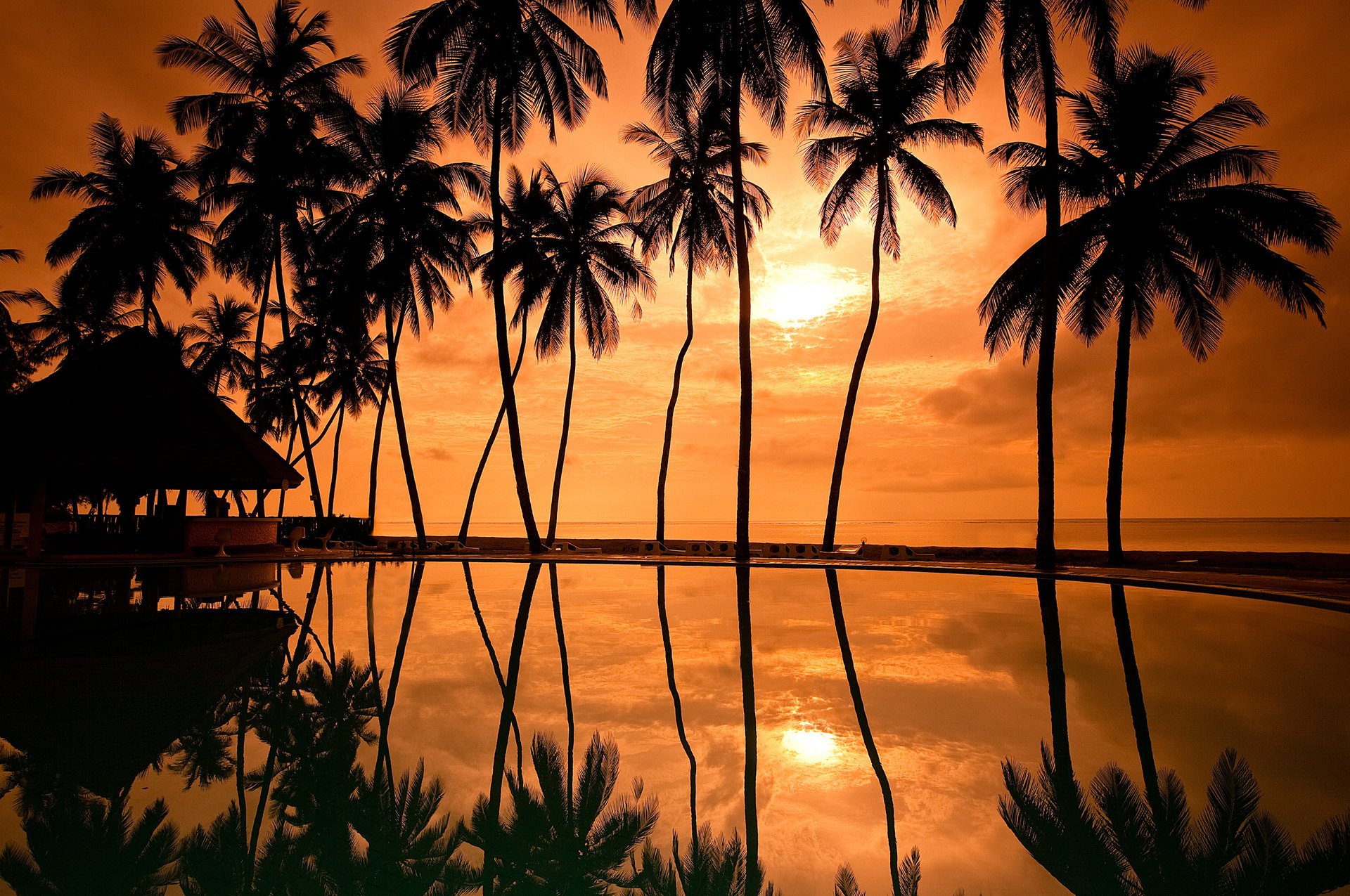 soir ciel hawaii coucher de soleil soleil bungalow palmiers