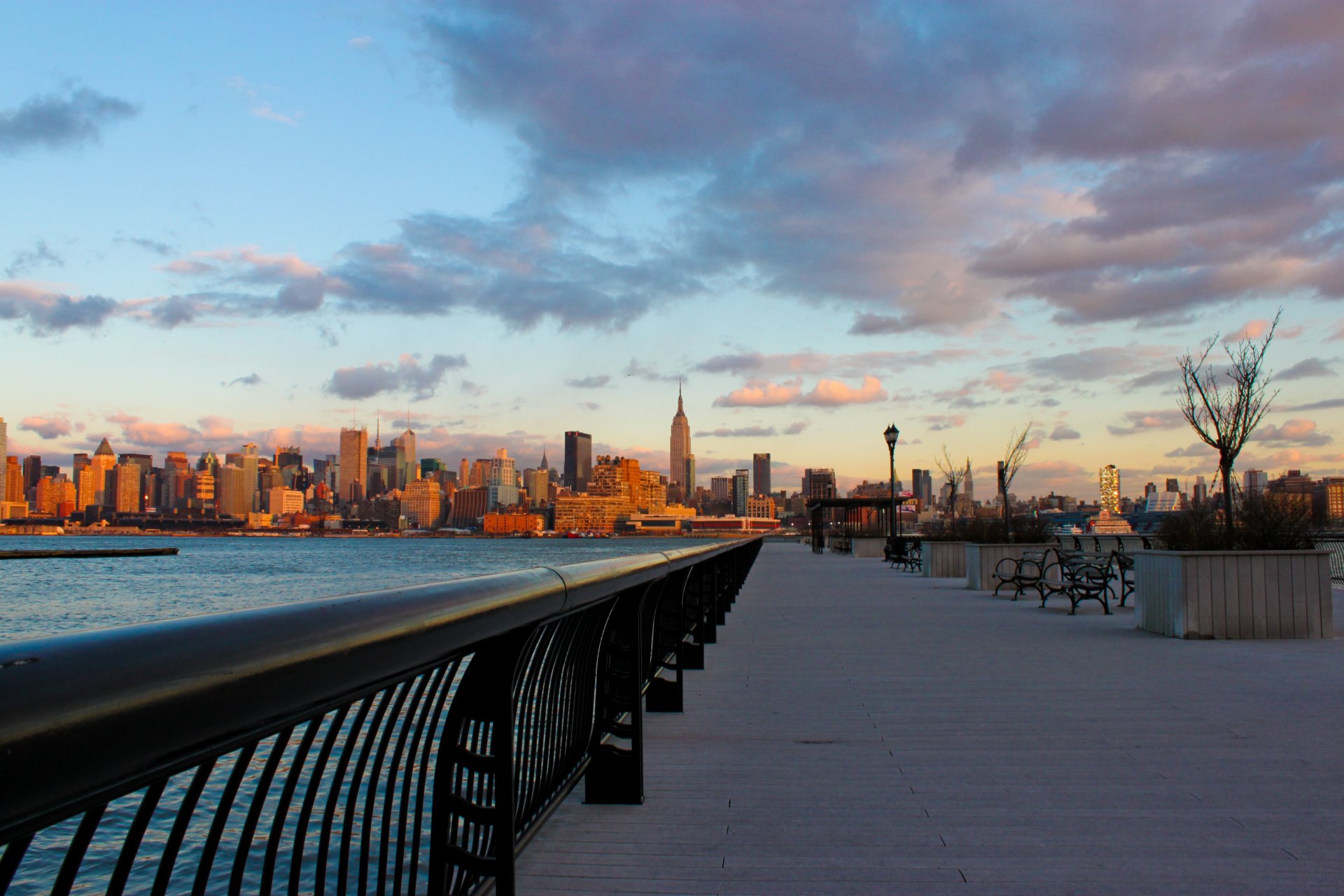 nueva york nueva york ciudad tarde agua puesta de sol paseo marítimo