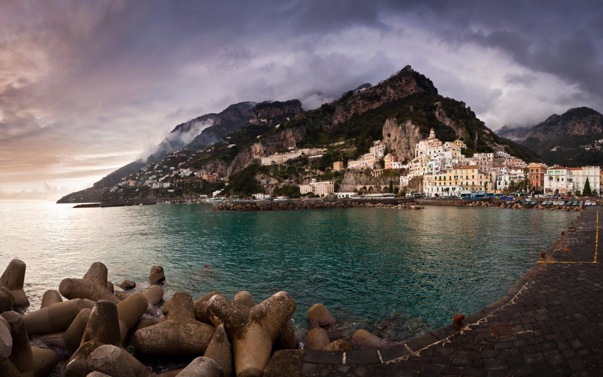 coast amalfi amalfi coast italy sea mountains sky houses buildings background wallpaper