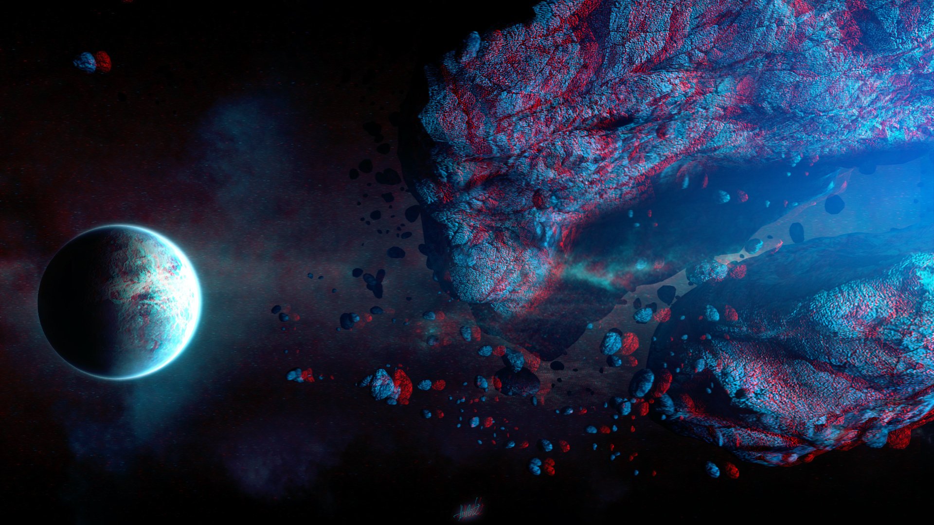 red/blue too close-stereo 3d space full hd 3d