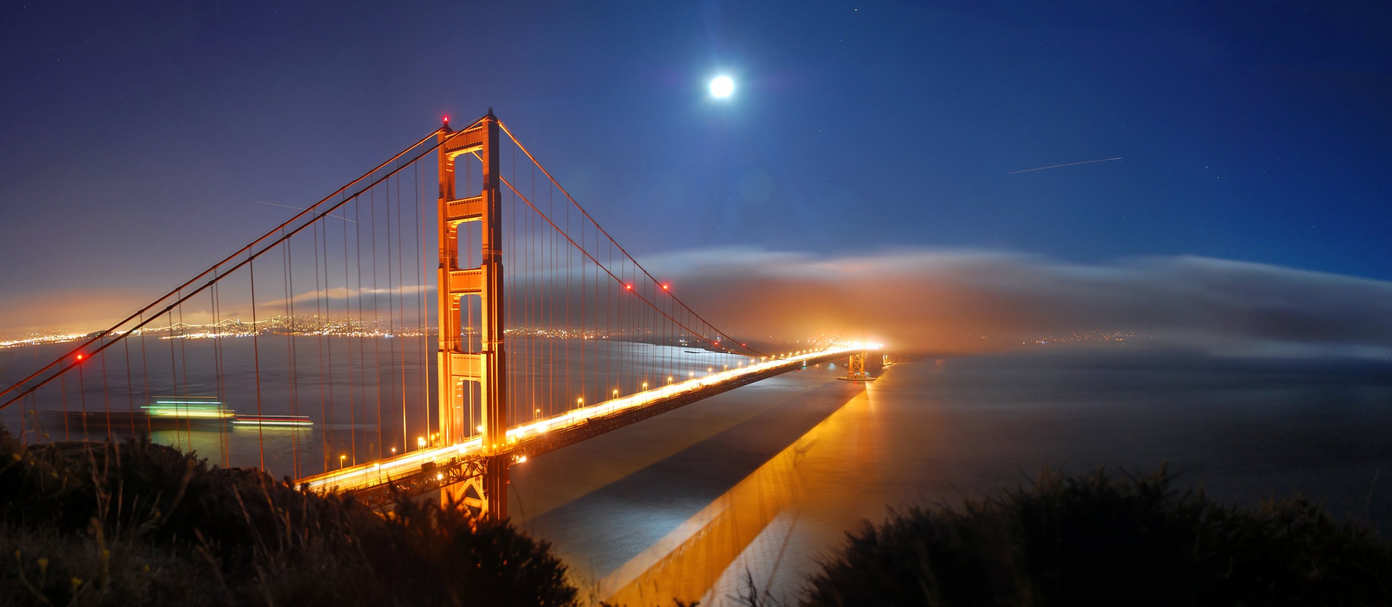 miasta ameryka usa stany widok miejsca mosty noc księżyc miesiąc woda morze ocean światła światło panorama san francisco san francisco golden gate