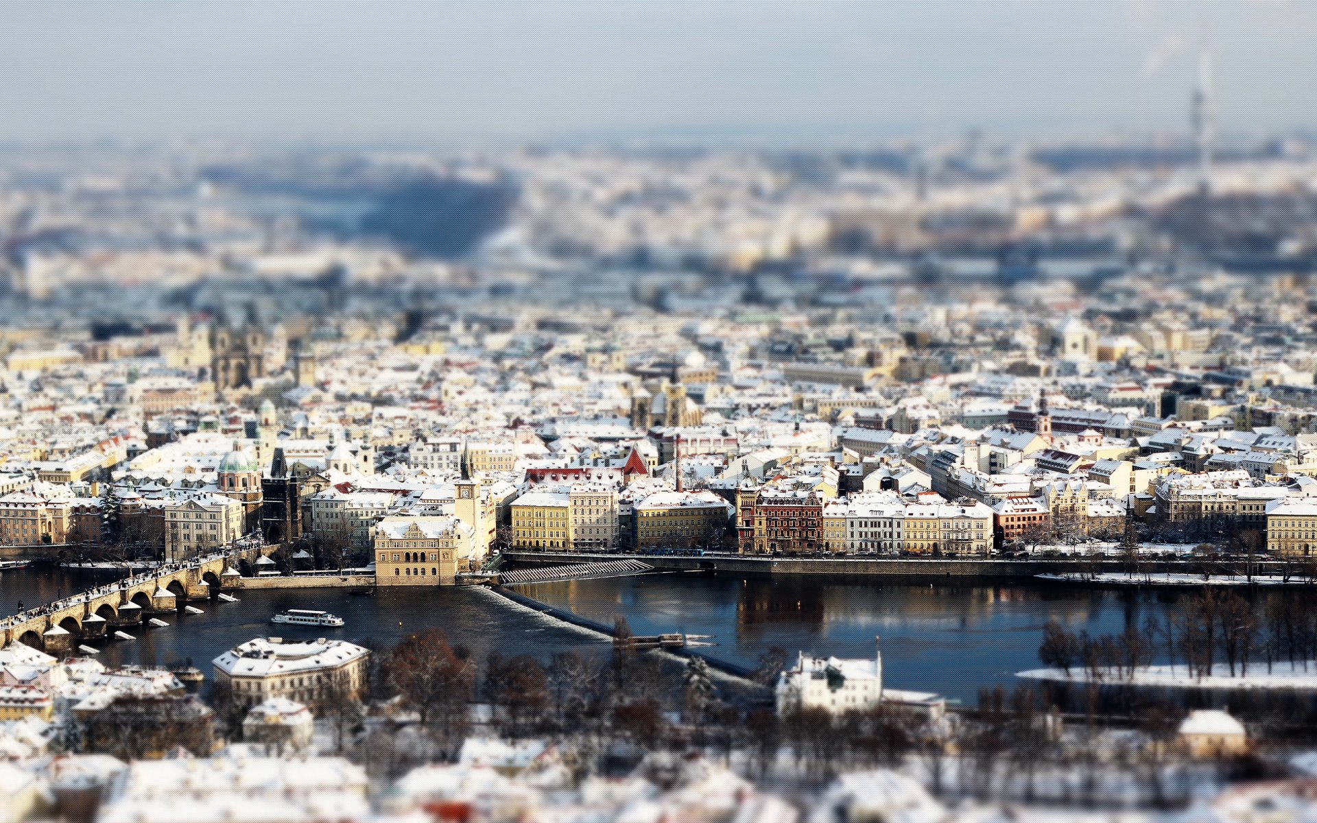 tilt-shift town prague winter snow