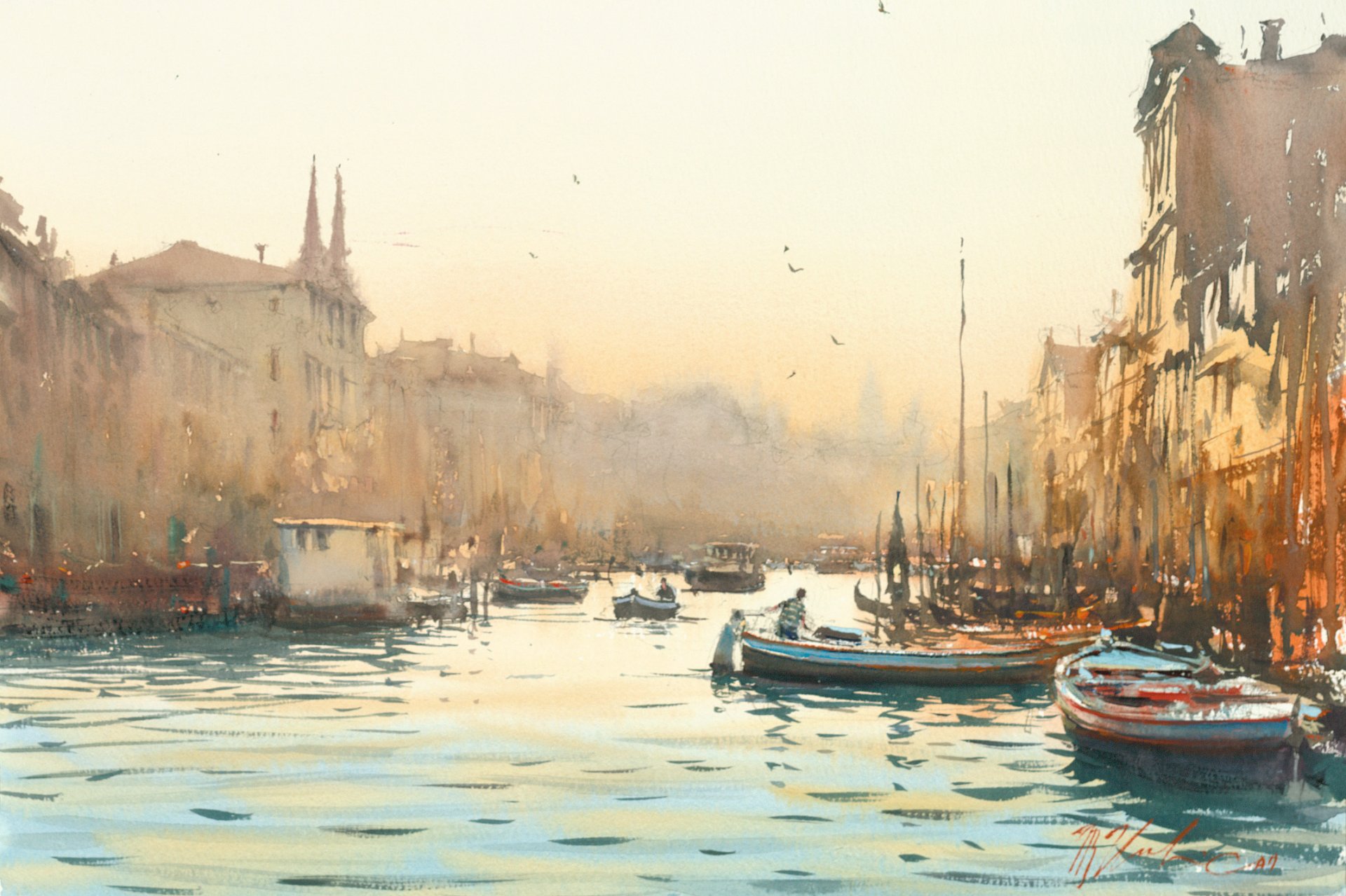 aquarelle venise aube canaux bateaux