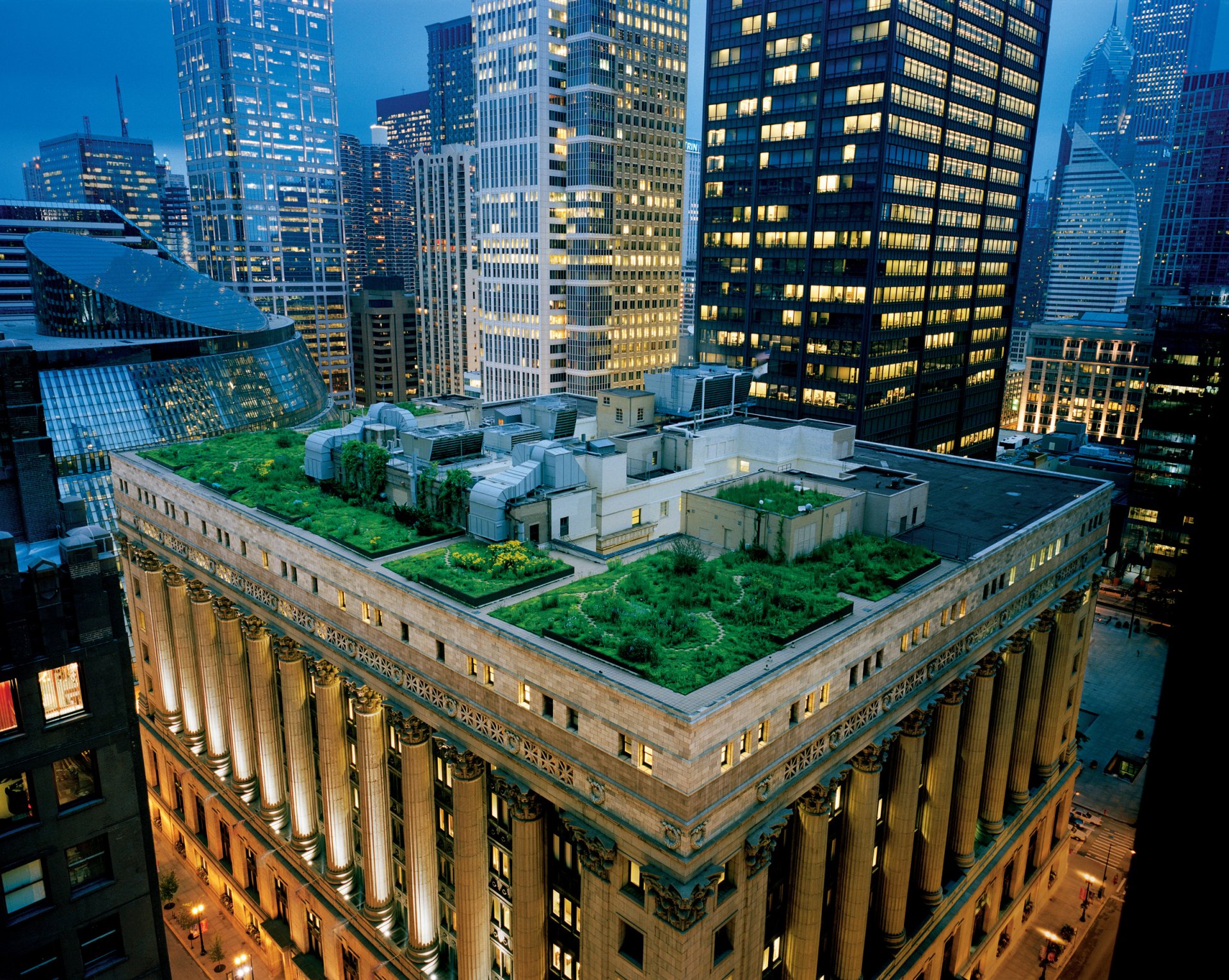 architektur dach terrasse garten wolkenkratzer abend usa chicago