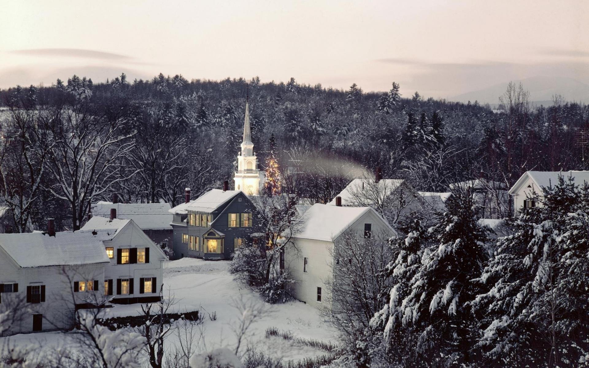 natur landschaft schnee winter frost bäume häuser abend foto hintergrund tapete