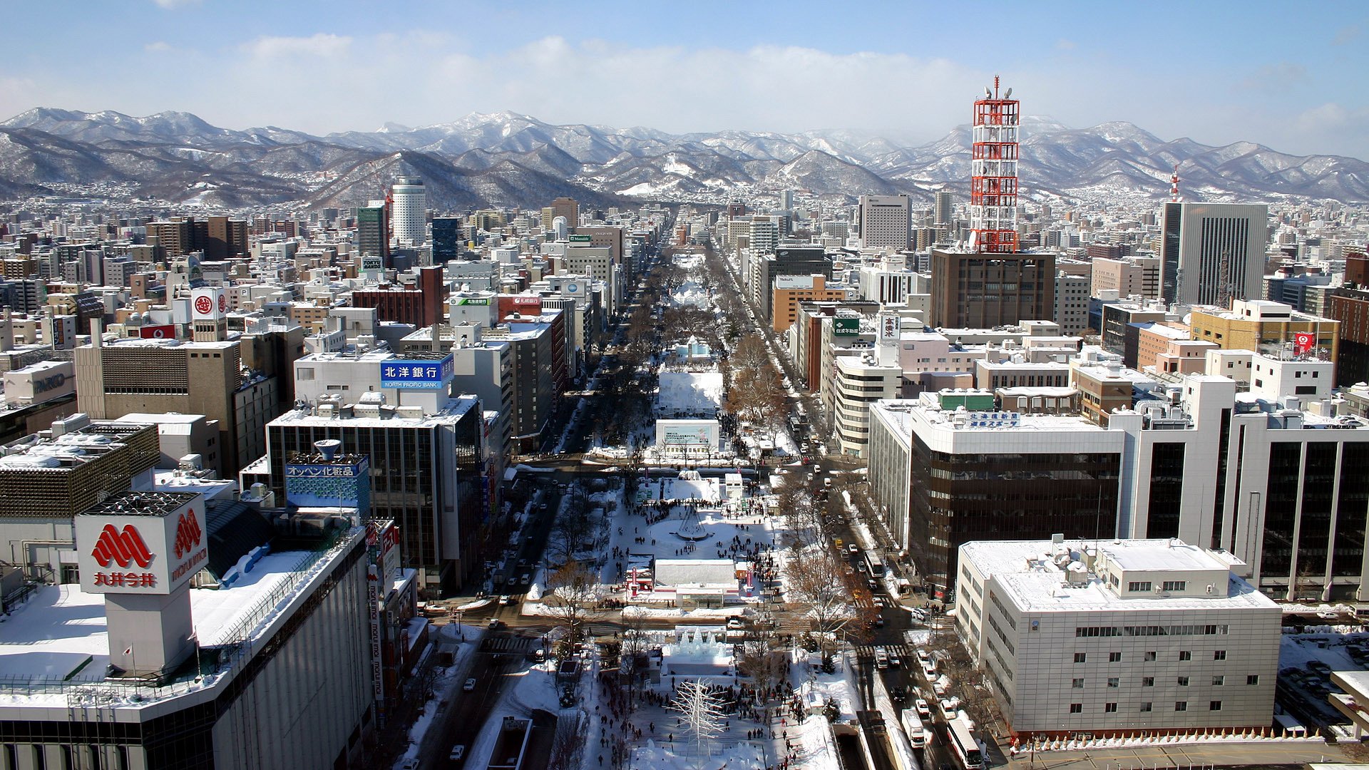 winter snow street buildings mountain japan