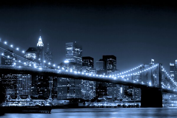 Бруклинский мост ночью Небоскребы