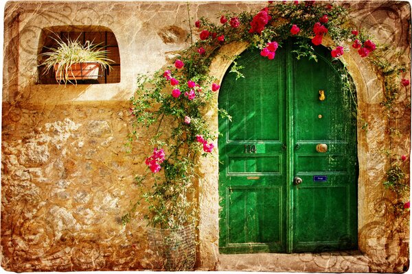 A door in a stone house with patterns