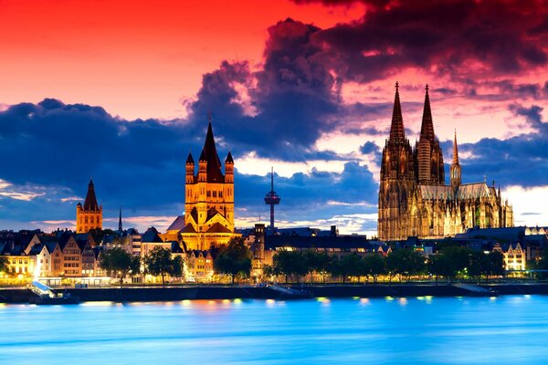 Cologne Cathedral illuminated in Germany at sunset