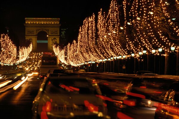 New Year hung garlands at night creativnv Paris