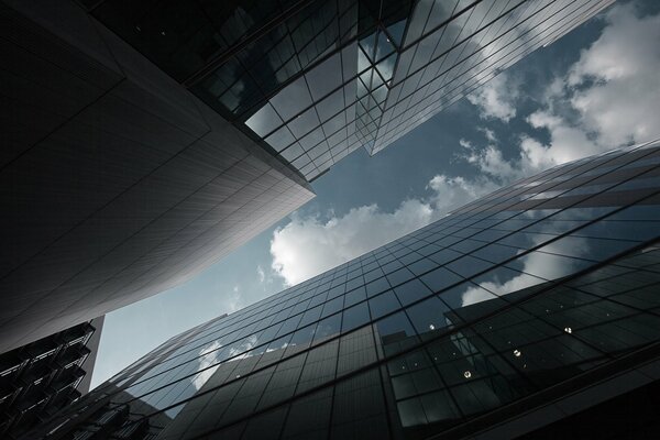 An unusual angle of a photo of a glass skyscraper