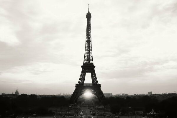 Black and white photo of the Eiffel Tower