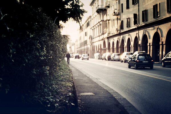 Sonnige Straße entlang der Häuser