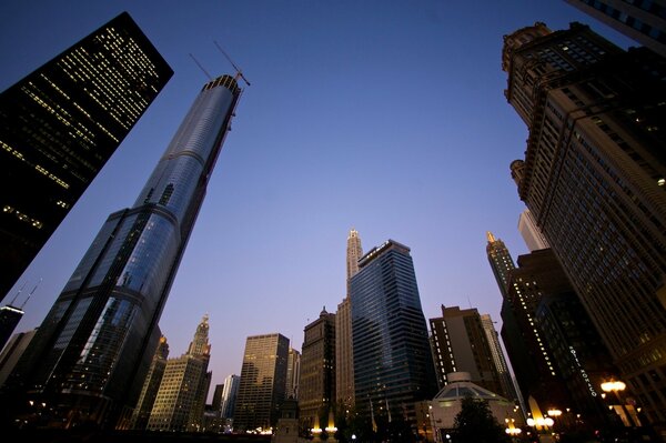 Skyscrapers with purple sky background