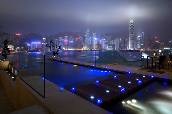 Pool bei Nacht mit Blick auf die Stadt