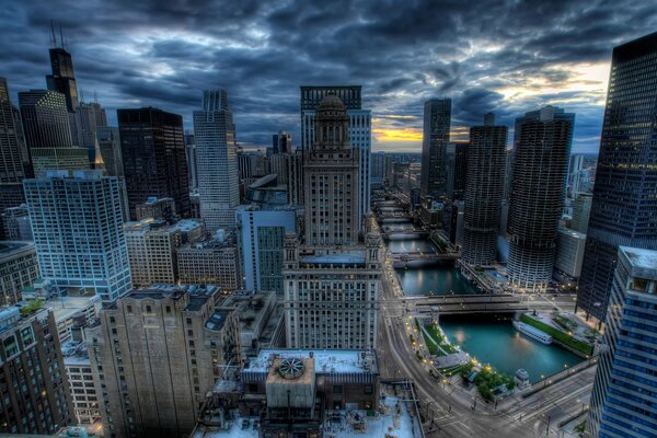 American skyscrapers against a cloudy sky