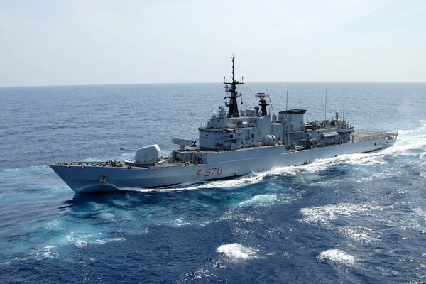 A warship on the background of the ocean