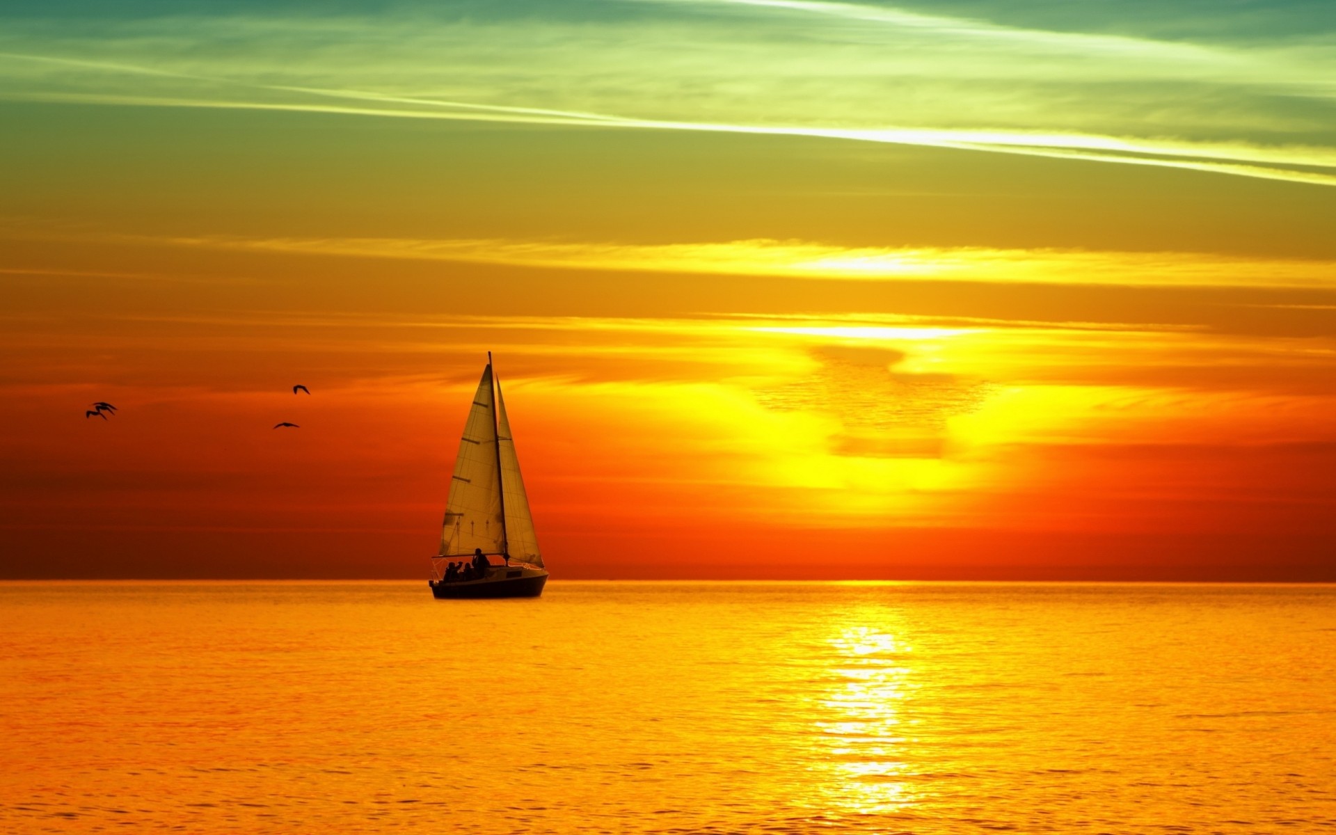 arancione tramonto sentiero della luna sole cielo mare barca a vela orizzonte uccelli