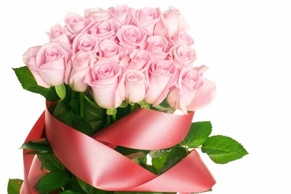 Pink bouquet of roses with a ribbon in the bouquet