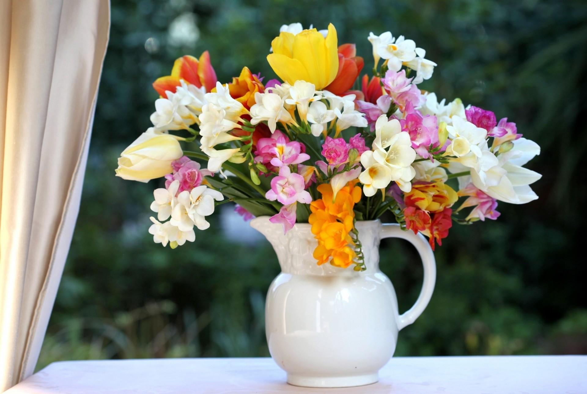 window bouquet tulips flower pitcher mill