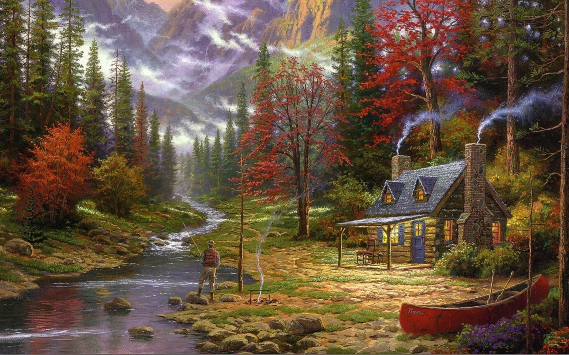 pintura cabaña cachorro río cabaña bosque casa thomas kincaid pescador fuego montañas barco