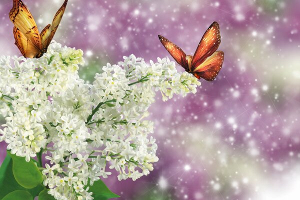 Cute butterflies on a lilac twig
