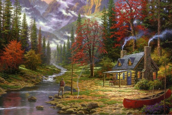Peinture colorée. Maison avec tuyau dans la forêt d automne près de la rivière