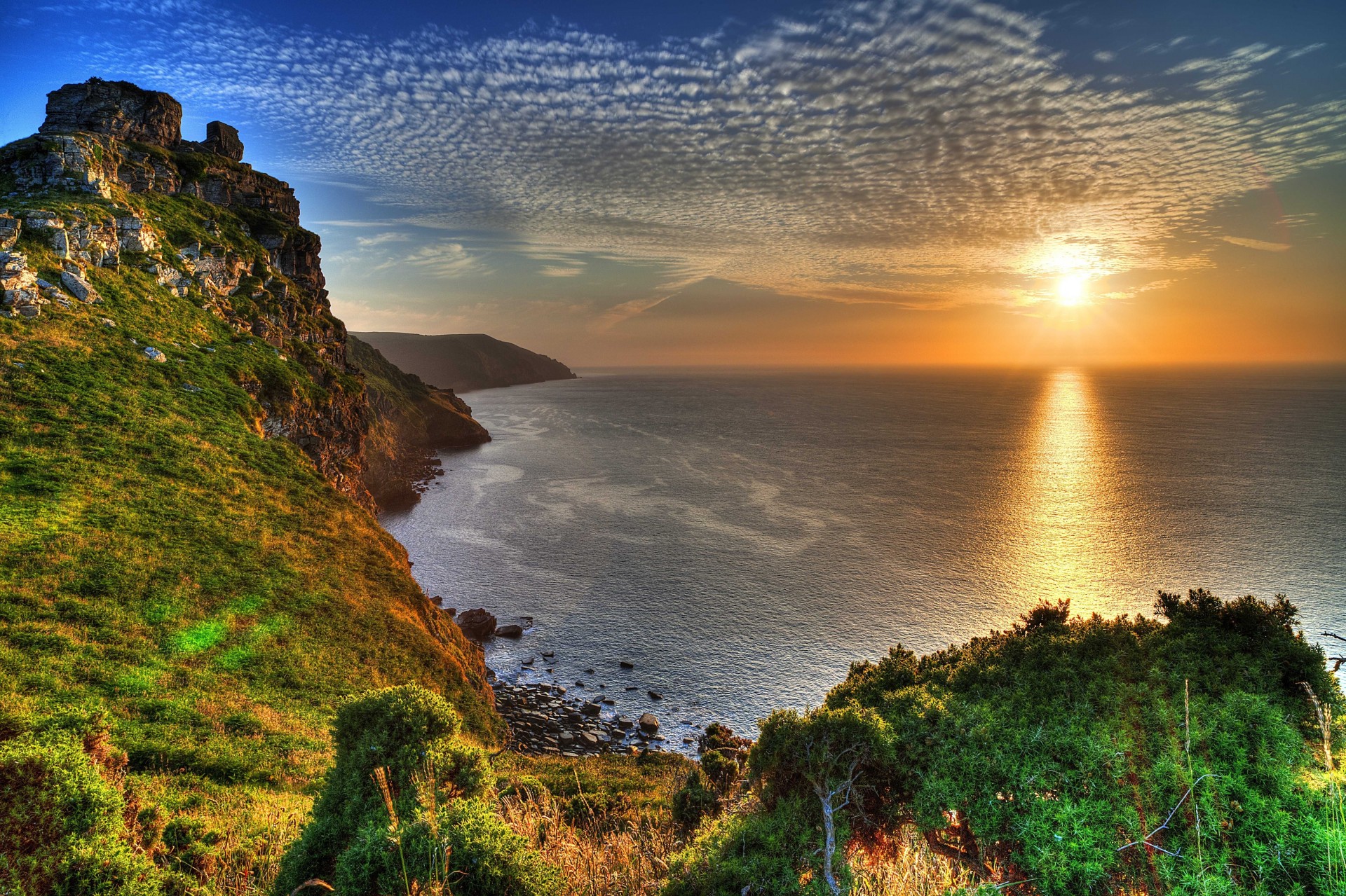 pentes coucher de soleil exmoor mer paysage royaume-uni